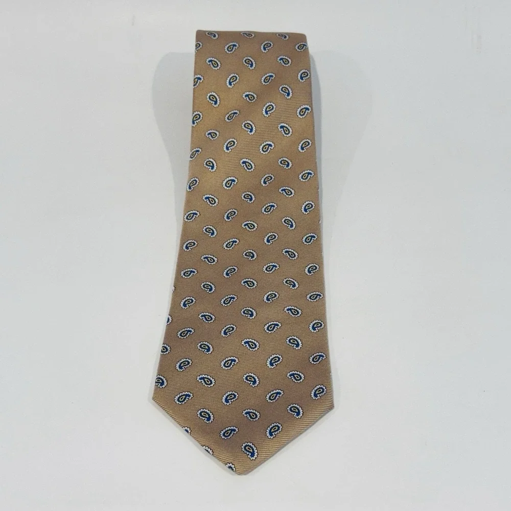 Brooks Brothers 346 Pure Silk‎ Tie Made in USA Gold w Blue White Micro Paisley